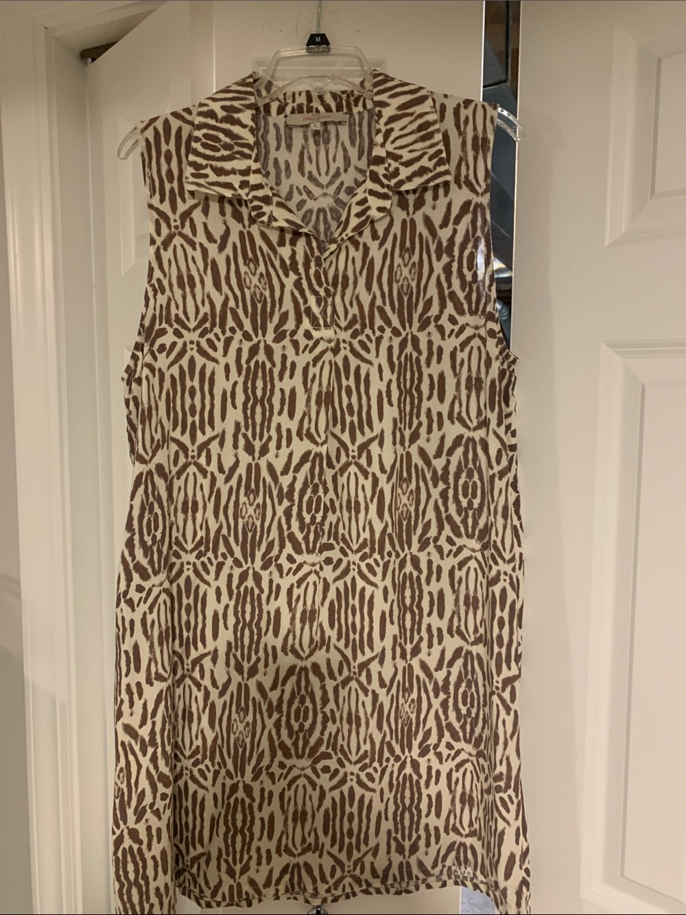 Sleeveless Cream Shift Dress with Brown Abstract Print
